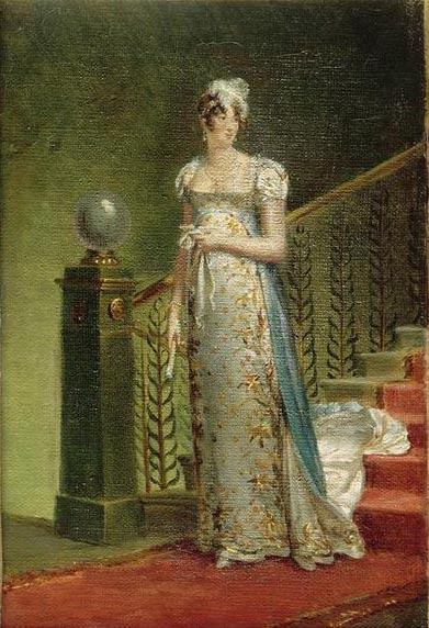 Portrait of Caroline Murat descending the staircase of elysee Palace.